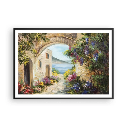 Poster in einem schwarzem Rahmen - Küstenlandschaft mit Steingebäuden und Blumen - 100x70cm - Charme einer Küstenprovinz - Moderne Wanddekoration für Wohnzimmer und Schlafzimmer ARTTOR