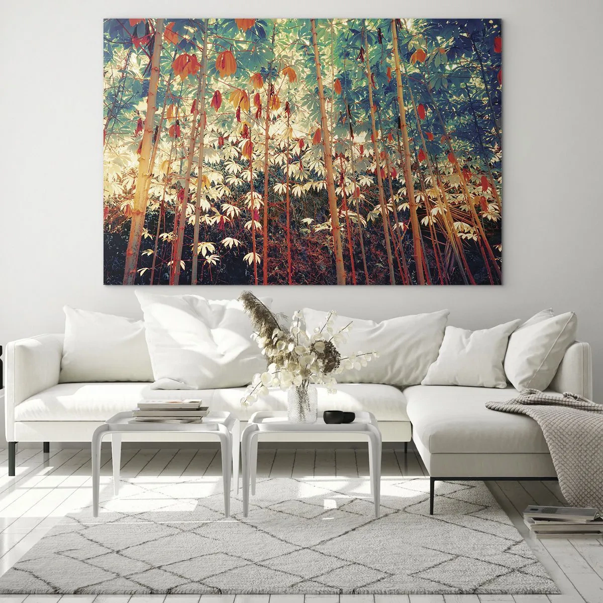 Glasbild - Bild auf glas - Farbenfroher Bambuswald mit warmer Beleuchtung - 120x80cm - Das geheime Leben der Blätter - Moderne Wanddekoration für Wohnzimmer und Schlafzimmer ARTTOR