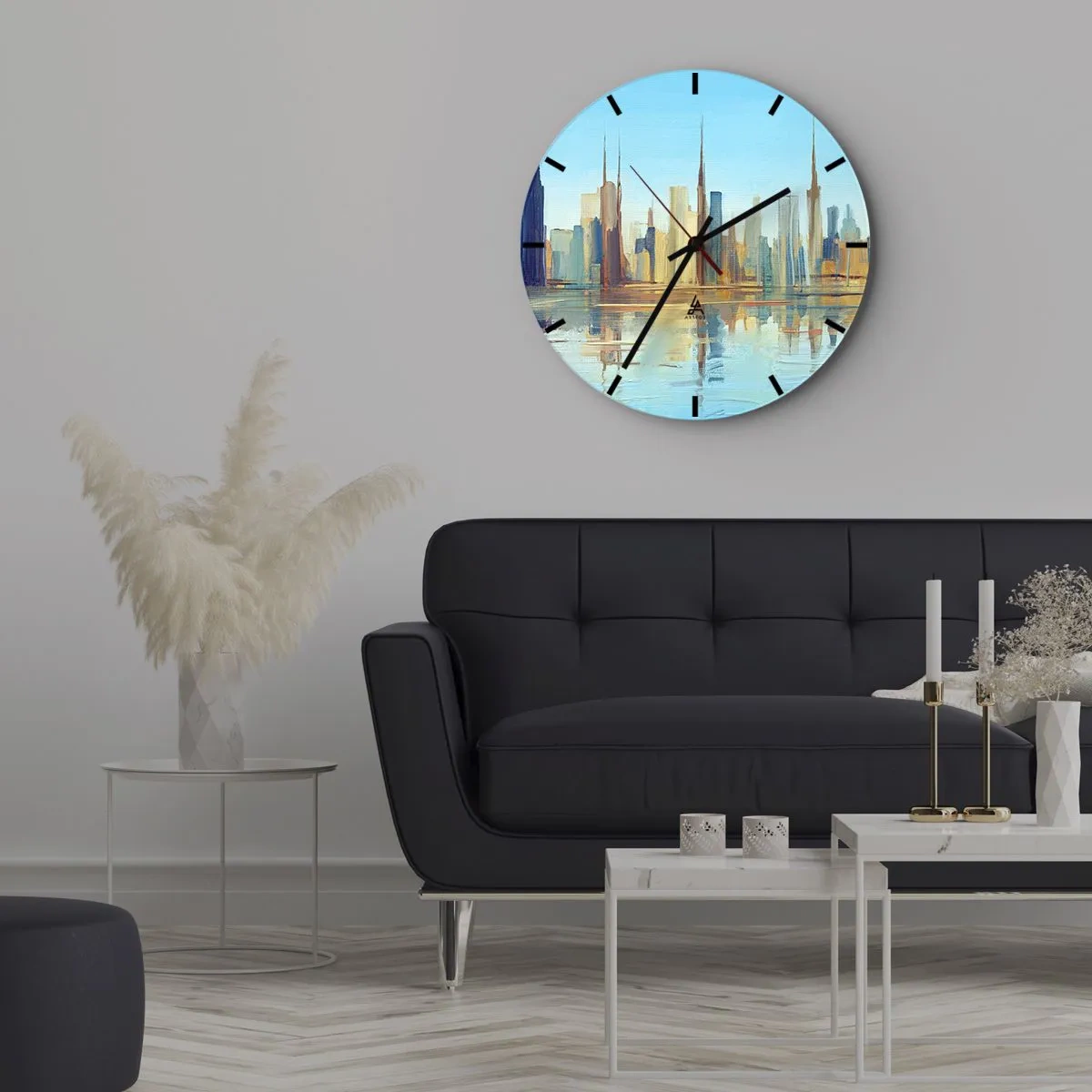 Wanduhr - Glasuhr - Das Stadtpanorama spiegelt sich in hellen Tönen im Wasser - 30x30cm - Sonnige Metropole - Moderne Wanddekoration für Wohnzimmer, Küche und Schlafzimmer ARTTOR