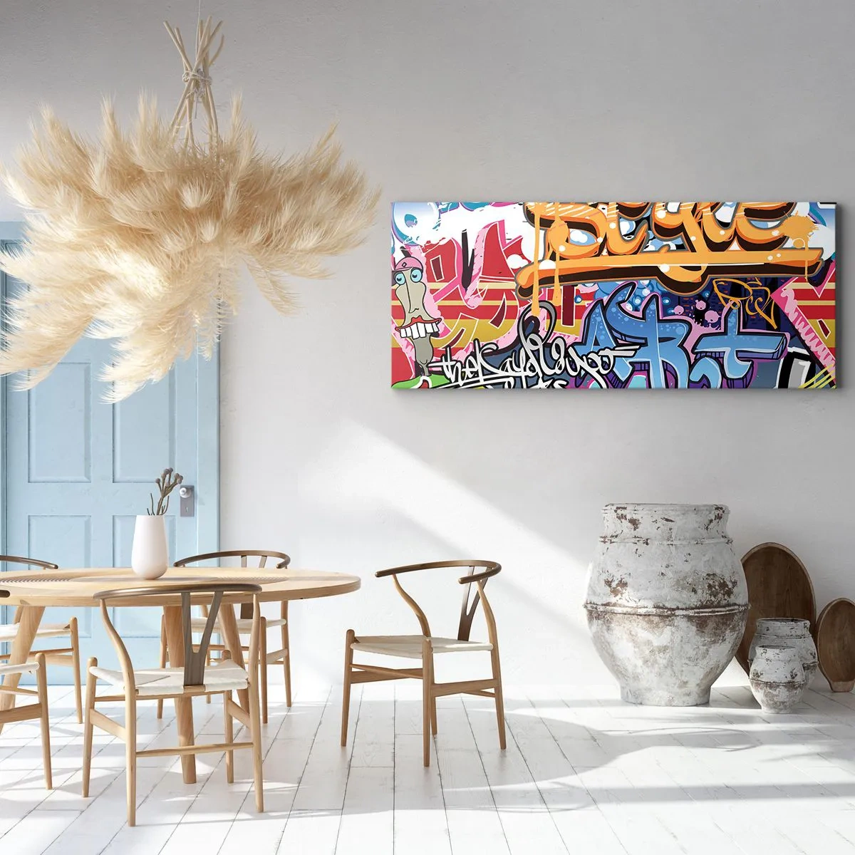 Bild auf Leinwand - Leinwandbild - Bunte Graffiti mit dynamischen Aufschriften und Illustrationen - 160x50cm - Wandbilder, Wandbilder, Wandbilder ... - Moderne Wanddekoration für Wohnzimmer und Schlafzimmer ARTTOR