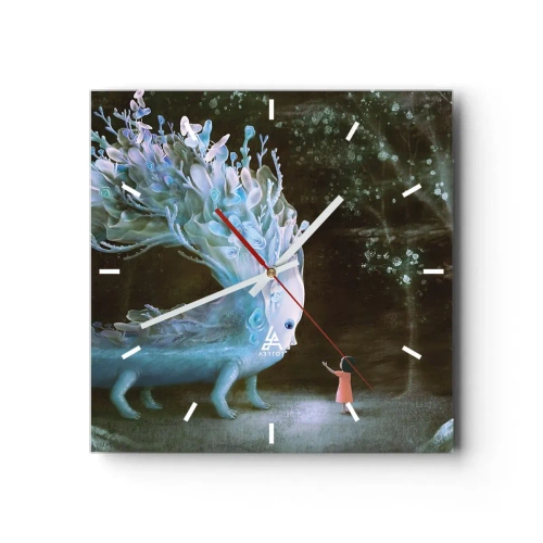 Wanduhr - Glasuhr - Die Figur eines Mädchens, das einem fantastischen Wesen gegenübersteht - 30x30cm - Fantastisches Treffen - Moderne Wanddekoration für Wohnzimmer und Schlafzimmer ARTTOR