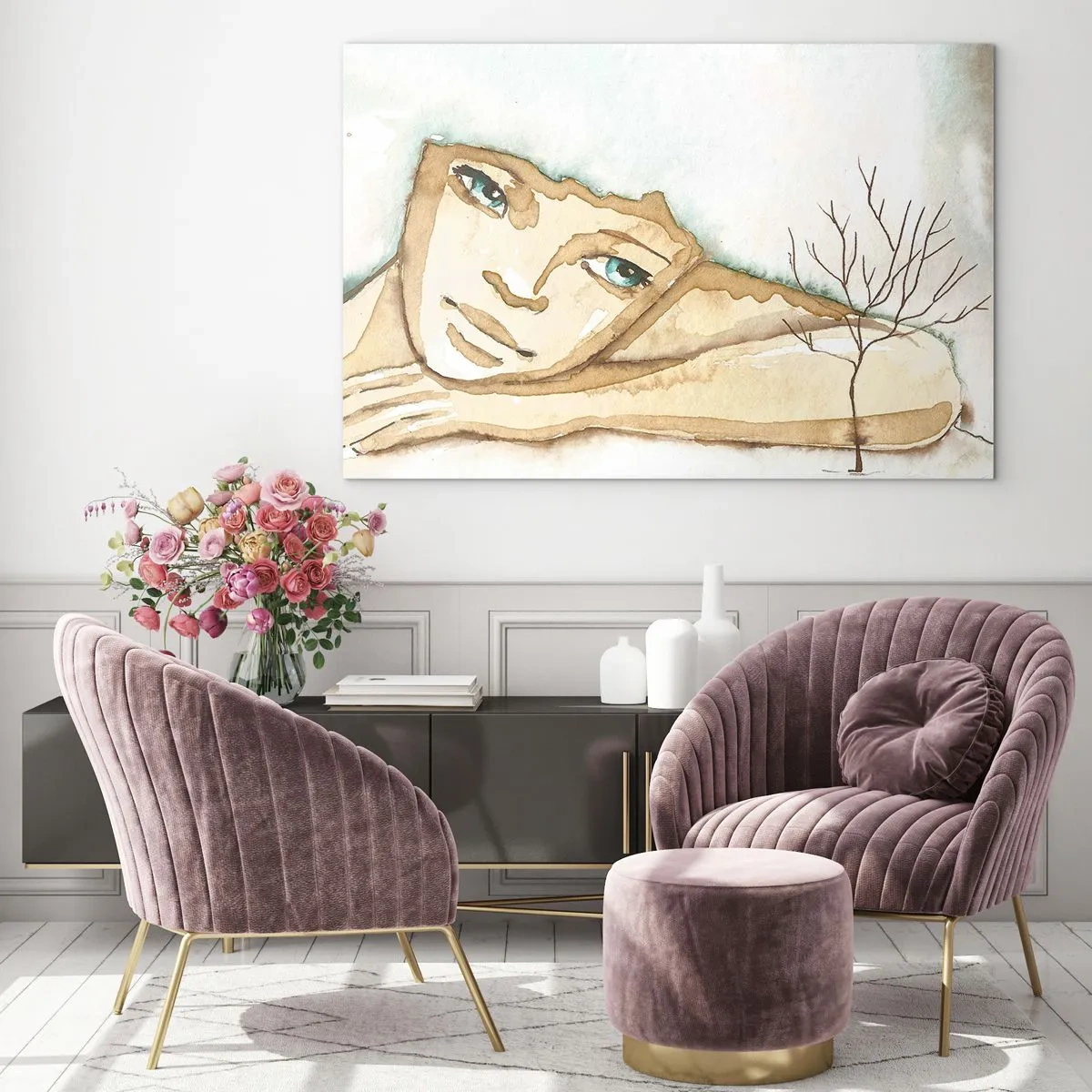 Glasbild - Bild auf glas - Eine subtile Figur einer Frau mit einem Baum vor einem Hintergrund aus Aquarellfarben - 100x70cm - Der Baum der Poesie wächst aus der Stille - Moderne Wanddekoration für Wohnzimmer und Schlafzimmer ARTTOR