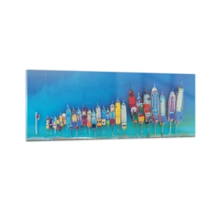Glasbild - Bild auf glas - Bunte Boote in einer Reihe am Ufer aufgereiht - 140x50cm - Aus der Vogelperspektive - Moderne Wanddekoration für Wohnzimmer und Schlafzimmer ARTTOR