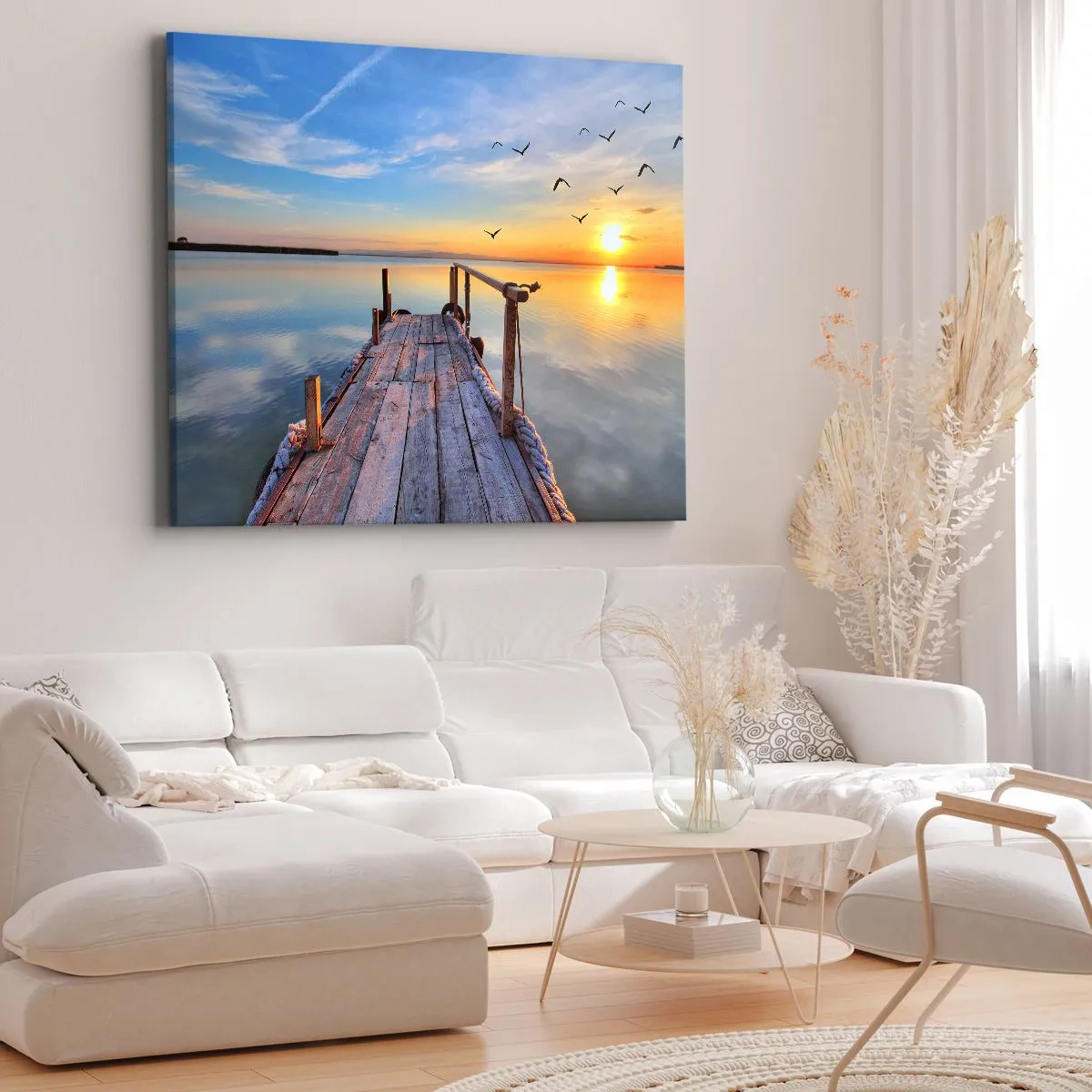 Bild auf Leinwand - Leinwandbild - Holzsteg bei Sonnenuntergang auf einem ruhigen See - 120x80cm - Lauf direkt der Sonne entgegen - Moderne Wanddekoration für Wohnzimmer und Schlafzimmer ARTTOR