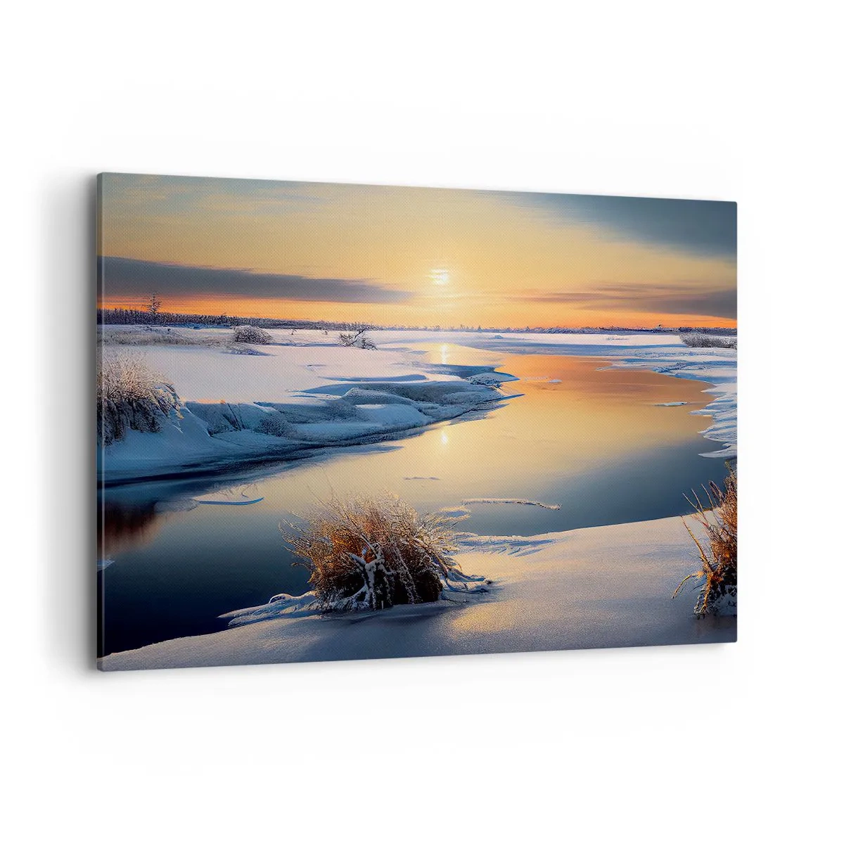 Bild auf Leinwand - Leinwandbild - Winterlandschaft mit einem Fluss bei Sonnenuntergang - 100x70cm - Wintersonnenuntergang - Moderne Wanddekoration für Wohnzimmer und Schlafzimmer ARTTOR