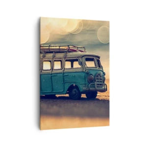 Bild auf Leinwand - Leinwandbild - Retro-Bus gegen verschwommenes Licht - 70x100cm - Das Ende der Idole: Geld und Arbeit - Moderne Wanddekoration für Wohnzimmer und Schlafzimmer ARTTOR