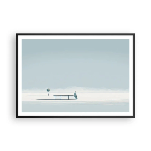 Poster in einem schwarzem Rahmen - Eine Person, die auf einer Bank in einer minimalistischen Landschaft sitzt - 100x70cm - Ja, ich warte. - Moderne Wanddekoration für Wohnzimmer und Schlafzimmer ARTTOR