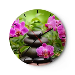 Wanduhr - Glasuhr - Schwarze Steine und rosa Orchideen vor grünem Hintergrund - 30x30cm - Die Pyramide des Friedens - Moderne Wanddekoration für Wohnzimmer, Küche und Schlafzimmer ARTTOR
