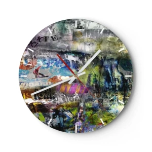 Wanduhr - Glasuhr - Abstrakte Collage in verschiedenen Farben mit Aufschriften - 30x30cm - Collage aus Erinnerungen - Moderne Wanddekoration für Wohnzimmer, Küche und Schlafzimmer ARTTOR