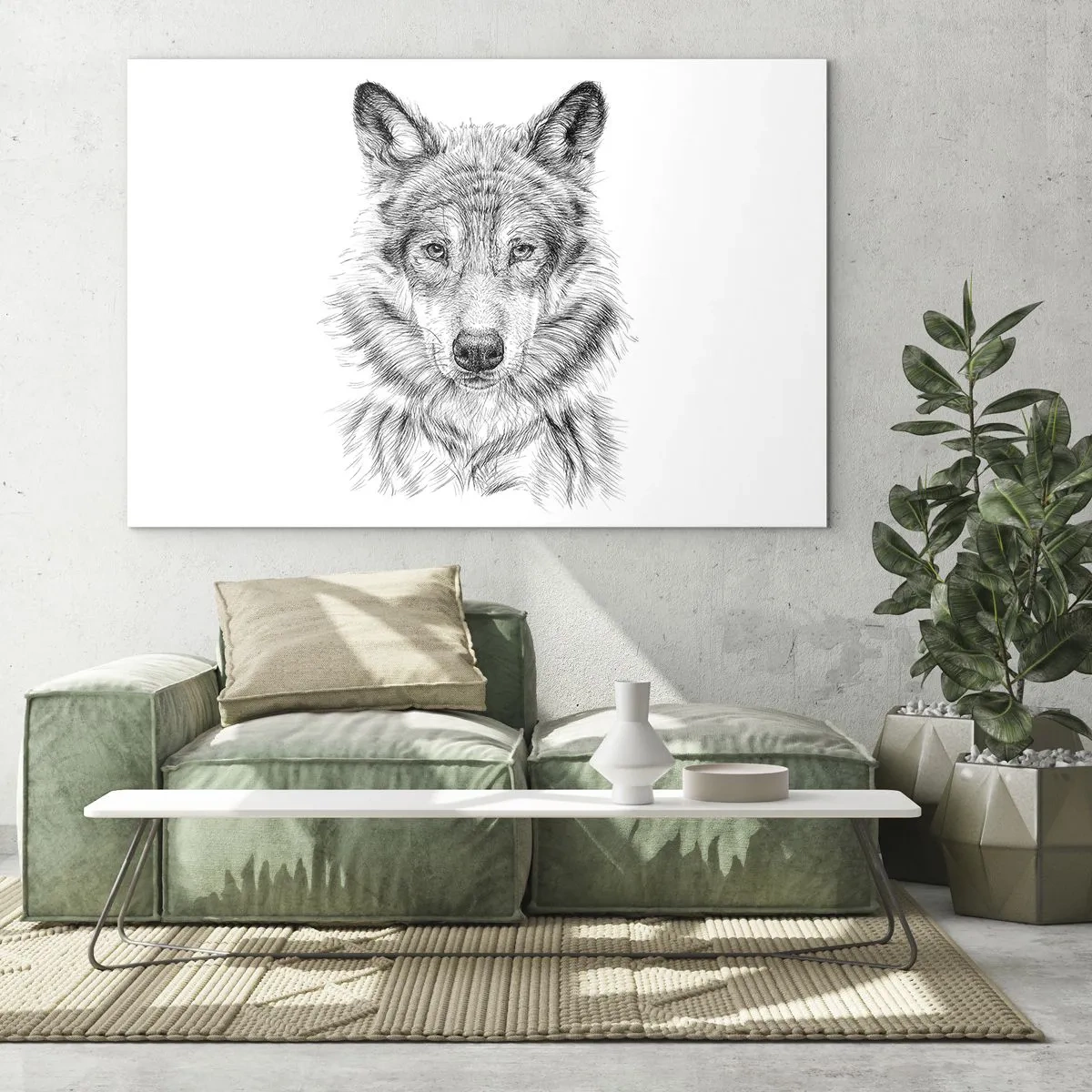 Glasbild - Bild auf glas - Schwarz-weiße Skizze eines Wolfskopfes auf weißem Hintergrund - 70x50cm - Ein geborener Anführer - Moderne Wanddekoration für Wohnzimmer und Schlafzimmer ARTTOR