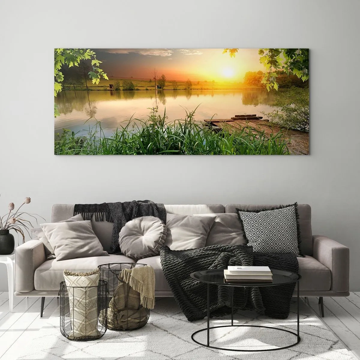 Glasbild - Bild auf glas - Grüne Landschaft mit einem See bei Sonnenuntergang - 140x50cm - Landschaft in einem grünen Rahmen - Moderne Wanddekoration für Wohnzimmer und Schlafzimmer ARTTOR