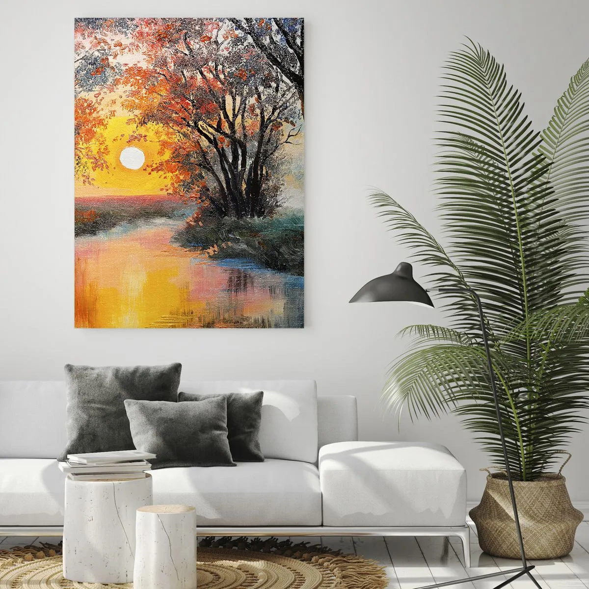 Glasbild - Bild auf glas - Sonnenuntergang über dem Fluss in einer Herbstlandschaft - 80x120cm - Herbststimmung - Moderne Wanddekoration für Wohnzimmer und Schlafzimmer ARTTOR