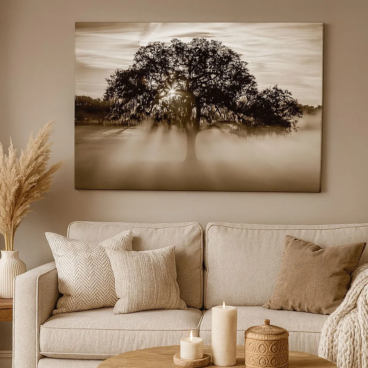 Bild auf Leinwand - Leinwandbild - Sonnenstrahlen scheinen durch einen einsamen Baum - 70x50cm - Baum der guten Nachrichten  - Moderne Wanddekoration für Wohnzimmer und Schlafzimmer ARTTOR