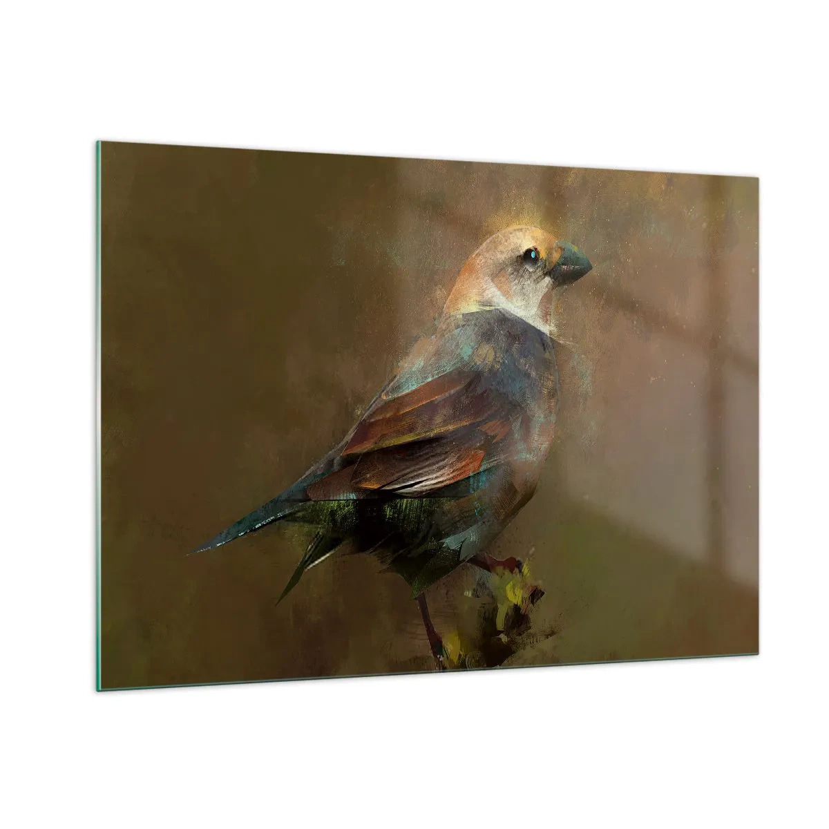 Glasbild - Bild auf glas - Ein Spatz in künstlerischem, malerischem Stil vor neutralem Hintergrund - 100x70cm - Ein Spatz, ein kleines Vögelchen - Moderne Wanddekoration für Wohnzimmer und Schlafzimmer ARTTOR