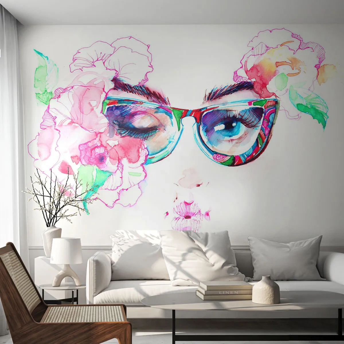 Fototapete Premium Sand - Porträt einer Frau mit Brille, umgeben von Aquarellblumen - 100x70cm - Ein verlockendes Versprechen - Moderne Wanddekoration für Wohnzimmer und Schlafzimmer ARTTOR