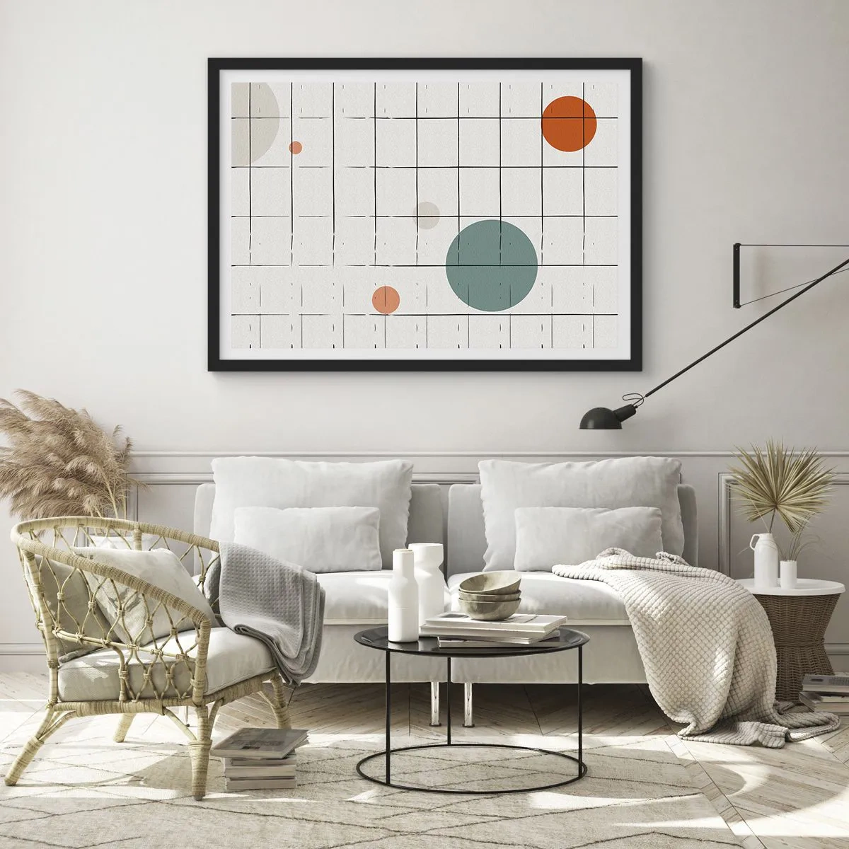 Poster in einem schwarzem Rahmen - Abstrakte farbige Kreise auf einem geometrischen Gitterhintergrund - 70x50cm - Gefangen. Wir oder sie? - Moderne Wanddekoration für Wohnzimmer und Schlafzimmer ARTTOR