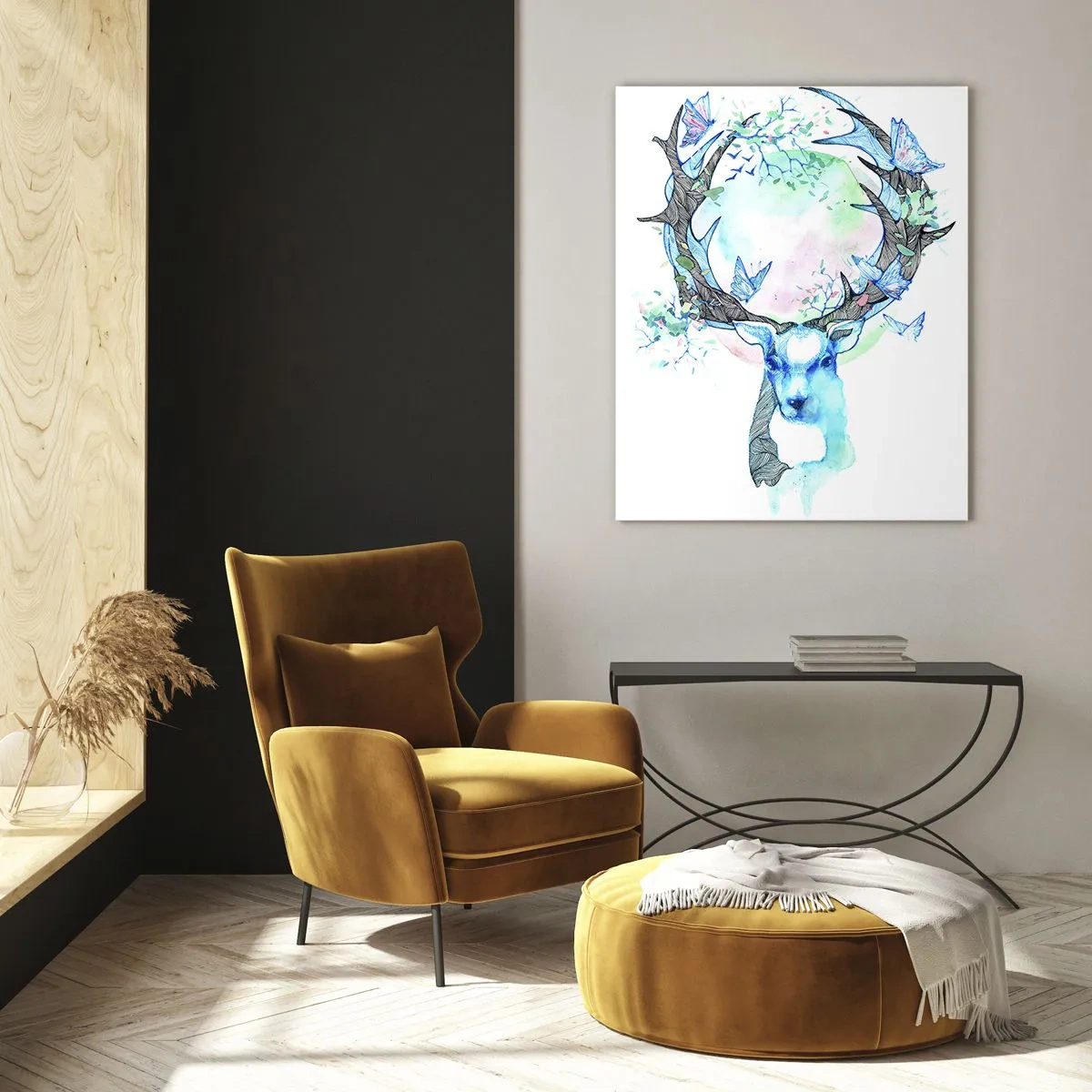 Glasbild - Bild auf glas - Eine skurrile Hirschgrafik mit Natur- und Schmetterlingsmotiv - 80x120cm - Die Kraft und Feinheit der Natur - Moderne Wanddekoration für Wohnzimmer und Schlafzimmer ARTTOR