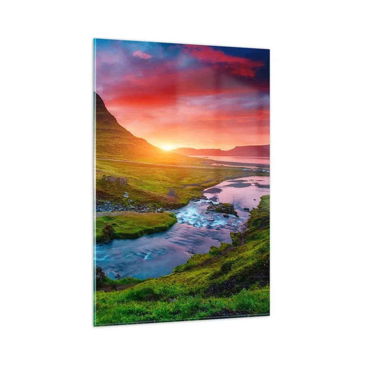 Glasbild - Bild auf glas - Malerischer Wasserfall und Berg bei Sonnenuntergang - 80x120cm - Island - Feuer und Wasser - Moderne Wanddekoration für Wohnzimmer und Schlafzimmer ARTTOR