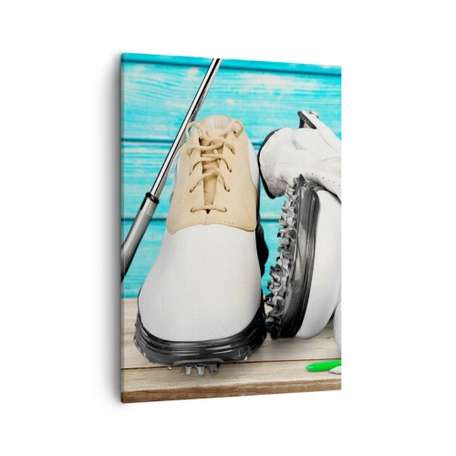 Bild auf Leinwand - Leinwandbild - Ein Set Golfzubehör auf einem hölzernen Hintergrund - 50x70cm - Alles ist bereit - Moderne Wanddekoration für Wohnzimmer und Schlafzimmer ARTTOR