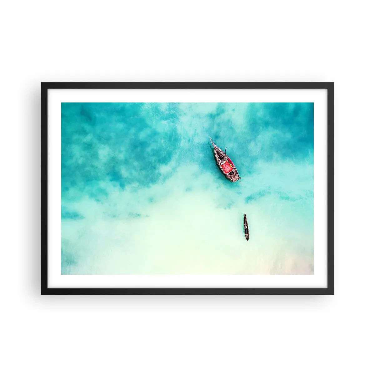 Poster in einem schwarzem Rahmen - Boote auf türkisfarbenem Wasser aus der Vogelperspektive - 70x50cm - Denn an den Stränden von Sansibar, wenn der Wasserüberschuss ... - Moderne Wanddekoration für Wohnzimmer und Schlafzimmer ARTTOR