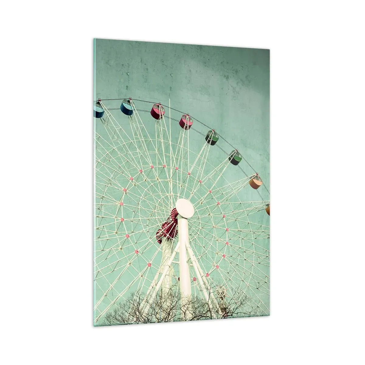 Glasbild - Bild auf glas - Ein buntes Riesenrad vor blauem Himmel im Retro-Stil - 70x100cm - Wir laden zum Spiel ein - Moderne Wanddekoration für Wohnzimmer und Schlafzimmer ARTTOR