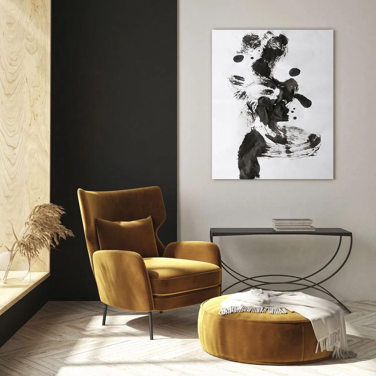 Glasbild - Bild auf glas - Abstrakte Komposition aus schwarzen Flecken auf weißem Hintergrund - 80x120cm - Obwohl das Wahnsinn ist, steckt darin eine Methode? - Moderne Wanddekoration für Wohnzimmer und Schlafzimmer ARTTOR