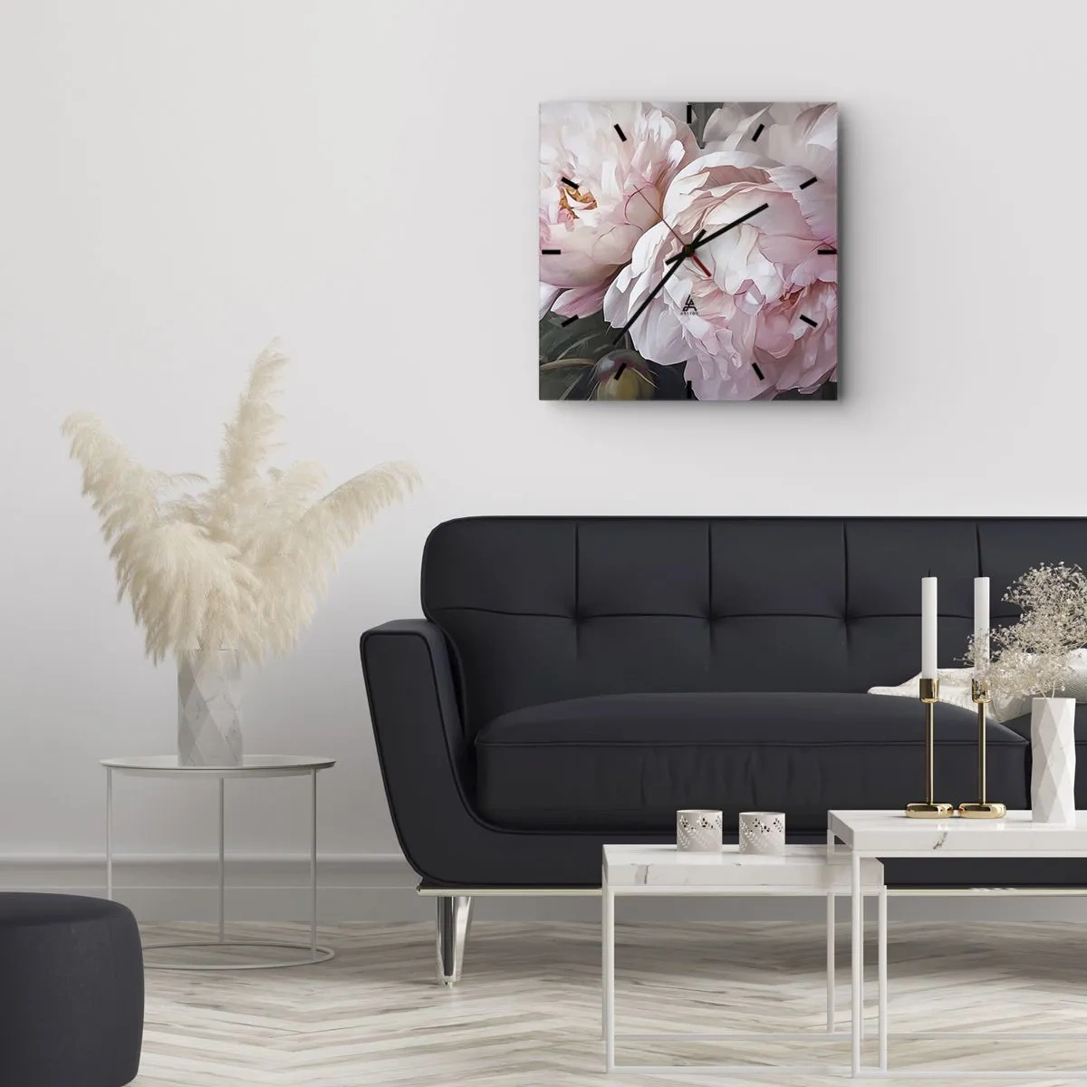 Wanduhr - Glasuhr - Zarte rosa Pfingstrosen in voller Blüte - 30x30cm - In der Blüte angehalten - Moderne Wanddekoration für Wohnzimmer und Schlafzimmer ARTTOR