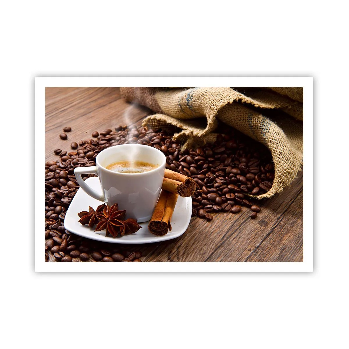 Poster - Eine Tasse Kaffee mit Zimt und Anis auf einem Hintergrund aus Kaffeebohnen - 100x70cm - Würziger Geschmack und Aroma - Moderne Wanddekoration für Wohnzimmer und Schlafzimmer ARTTOR