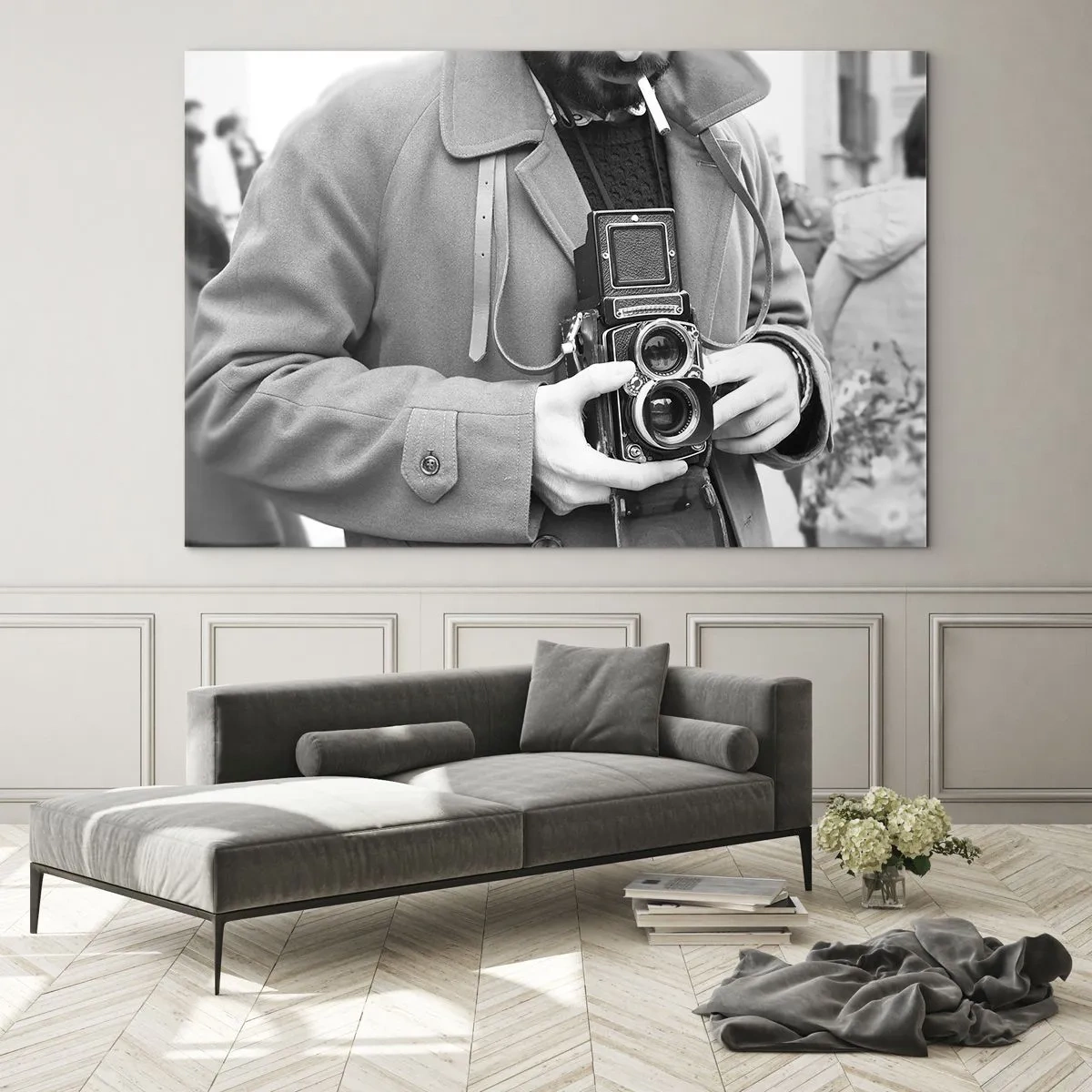 Glasbild - Bild auf glas - Schwarz-Weiß-Foto eines Mannes mit einer analogen Kamera - 70x50cm - Retro-Stil - Moderne Wanddekoration für Wohnzimmer und Schlafzimmer ARTTOR
