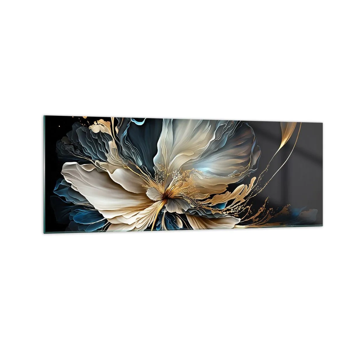 Glasbild - Bild auf glas - Eine Blume in Gold- und Marineblautönen auf schwarzem Hintergrund - 140x50cm - Märchenhafte Farnblume - Moderne Wanddekoration für Wohnzimmer und Schlafzimmer ARTTOR