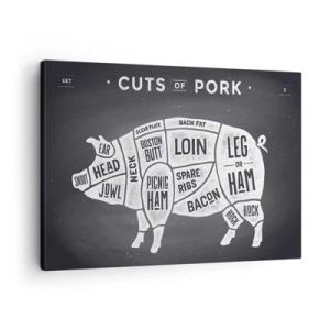 Bild auf Leinwand - Leinwandbild - Diagramm von Schweinefleischstücken auf schwarzem Hintergrund - 70x50cm - Metzger Grundierung - Moderne Wanddekoration für Wohnzimmer und Schlafzimmer ARTTOR