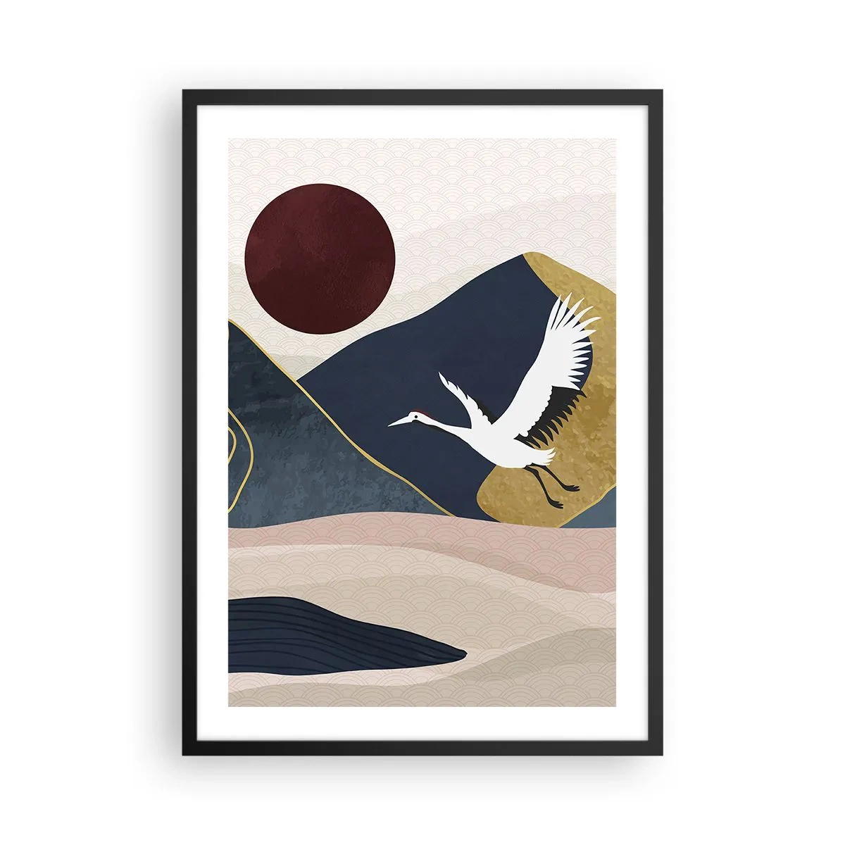 Poster in einem schwarzem Rahmen - Minimalistische Grafik mit Kranich und Berglandschaft - 50x70cm - Es ist wieder ein Tag VERFLOGEN - Moderne Wanddekoration für Wohnzimmer und Schlafzimmer ARTTOR