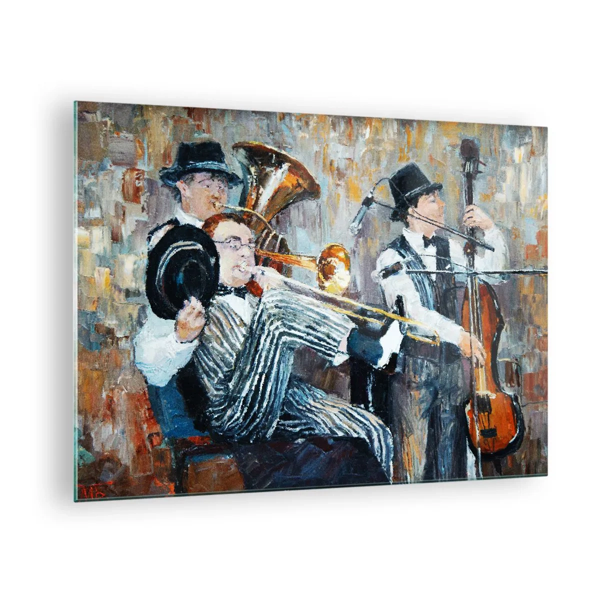 Glasbild - Bild auf glas - Eine Jazzband in einer stimmungsvollen impressionistischen Szene - 70x50cm - Der ganze Jazz - Moderne Wanddekoration für Wohnzimmer und Schlafzimmer ARTTOR