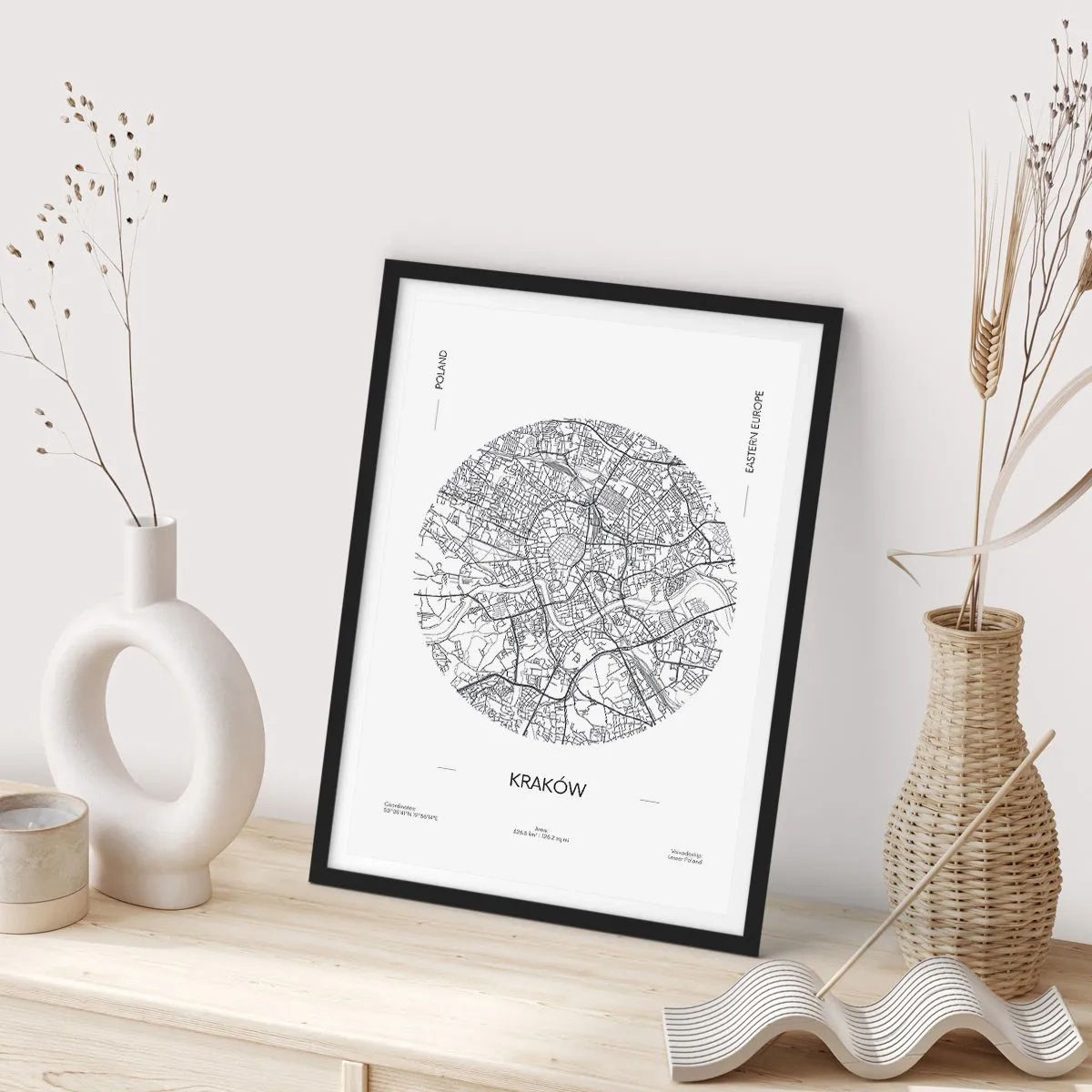 Poster in einem schwarzem Rahmen - Eine minimalistische Karte von Krakau in einem Kreis - 50x70cm - Anatomie von Krakau - Moderne Wanddekoration für Wohnzimmer und Schlafzimmer ARTTOR