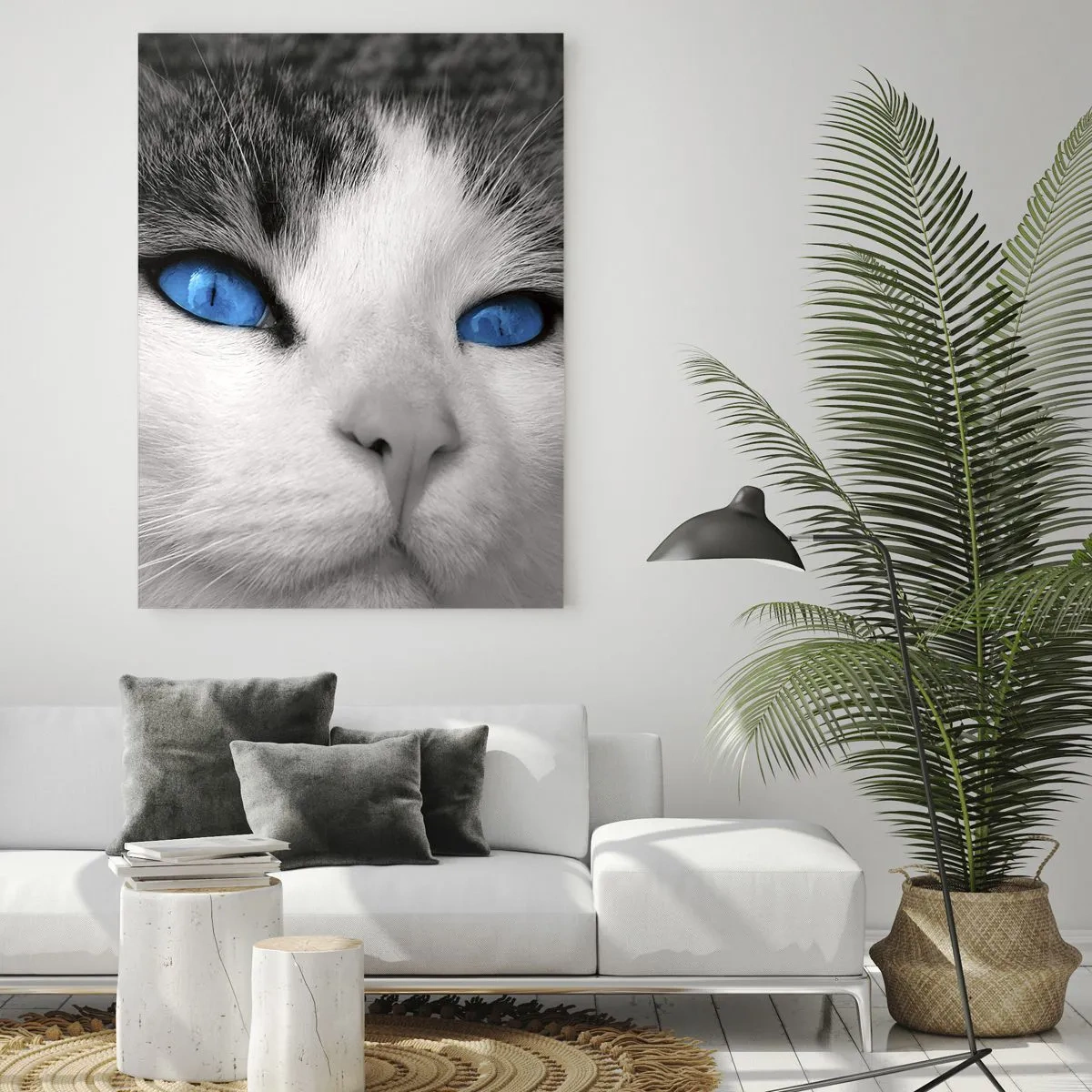 Glasbild - Bild auf glas - Porträt einer Katze mit blauen Augen im Schwarz-Weiß-Stil - 70x100cm - Ungewöhnlich blauäugig - Moderne Wanddekoration für Wohnzimmer und Schlafzimmer ARTTOR