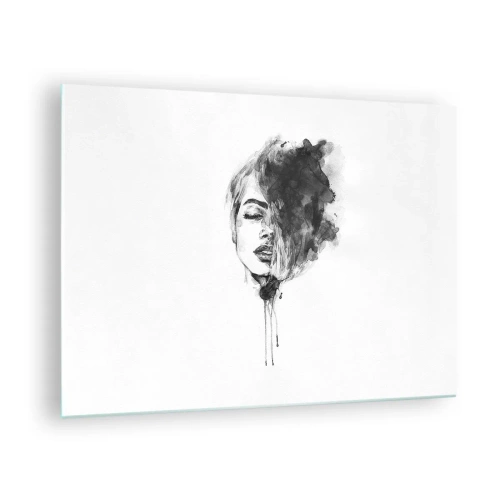 Glasbild - Bild auf glas - Schwarz-Weiß-Porträt einer Frau mit abstraktem Schatten - 70x50cm - Wovon träumt das Mädchen - Moderne Wanddekoration für Wohnzimmer und Schlafzimmer ARTTOR