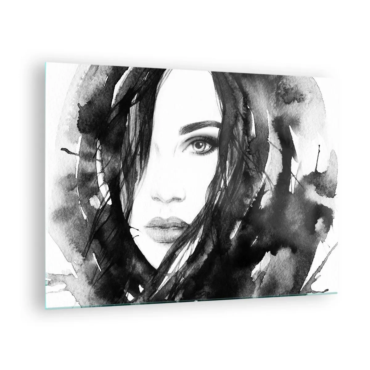Glasbild - Bild auf glas - Weibliche Schwarz-Weiß-Aquarellporträts - 70x50cm - Porträt einer Dame in Schwarzweiß - Moderne Wanddekoration für Wohnzimmer und Schlafzimmer ARTTOR