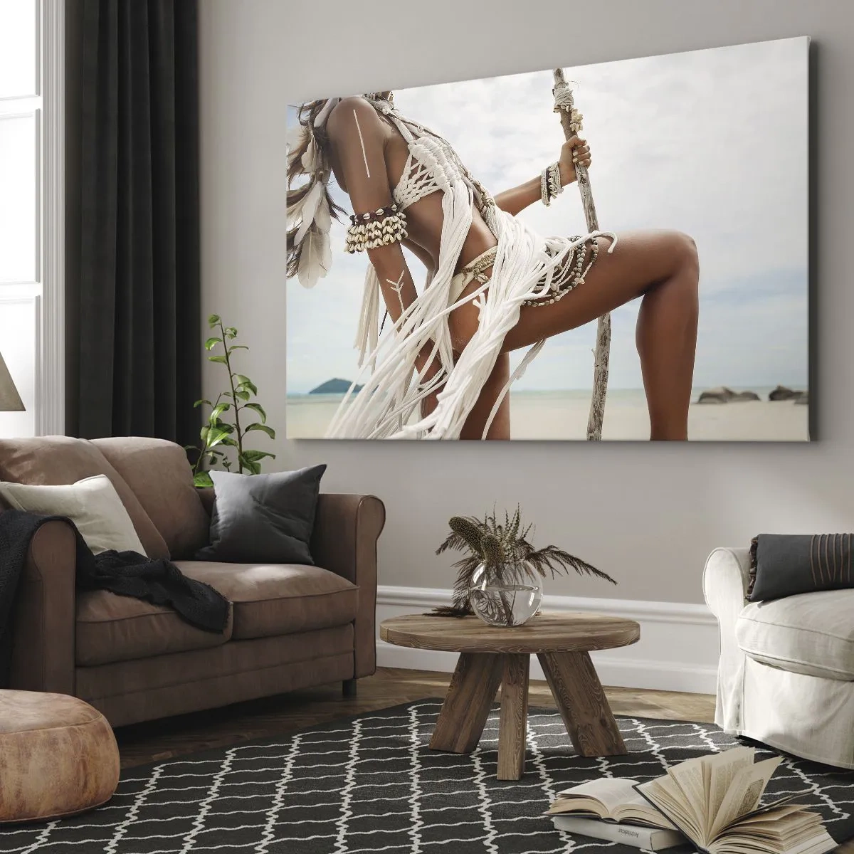 Bild auf Leinwand - Leinwandbild - Eine Frauenfigur mit ethnischen Ornamenten und Kleidung vor dem Hintergrund einer tropischen Landschaft. - 100x70cm - Eine Priesterin der Sonne - Moderne Wanddekoration für Wohnzimmer und Schlafzimmer ARTTOR