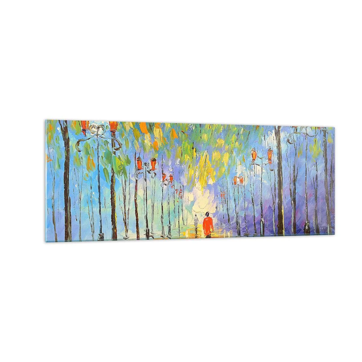 Glasbild - Bild auf glas - Ein malerischer Spaziergang zwischen den Laternen in einer regnerischen Nacht - 140x50cm - Nachtlied des Regens - Moderne Wanddekoration für Wohnzimmer und Schlafzimmer ARTTOR