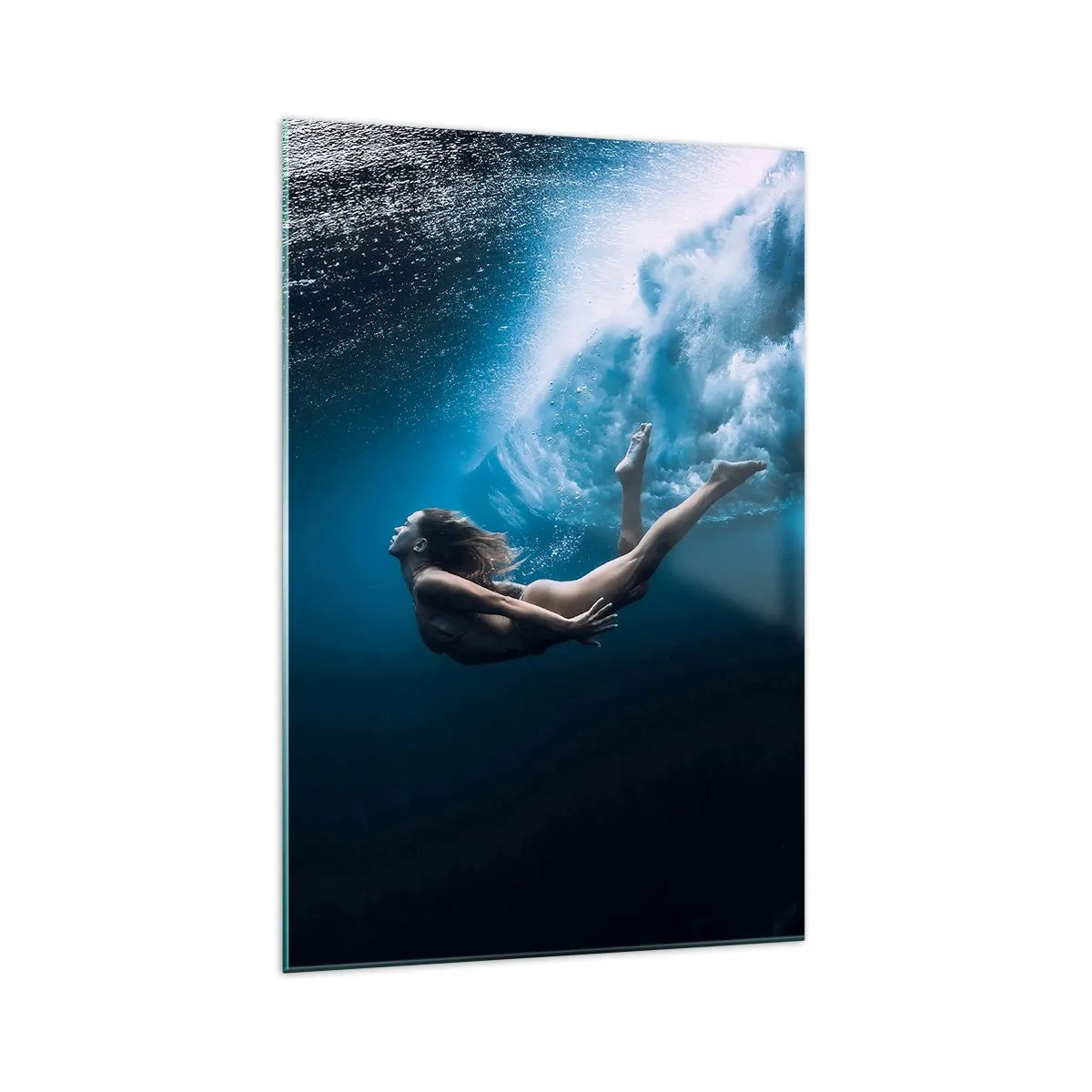 Glasbild - Bild auf glas - Unterwasseraufnahme mit einer Frau und Luftblasen - 70x100cm - Moderne Meerjungfrau - Moderne Wanddekoration für Wohnzimmer und Schlafzimmer ARTTOR