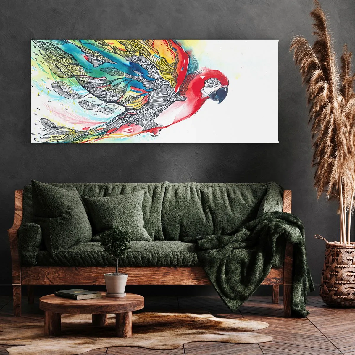 Bild auf Leinwand - Leinwandbild - Ein bunter Papagei im Flug mit abstrakten Mustern auf seinen Flügeln. - 140x50cm - Leben Sie bunt - Moderne Wanddekoration für Wohnzimmer und Schlafzimmer ARTTOR