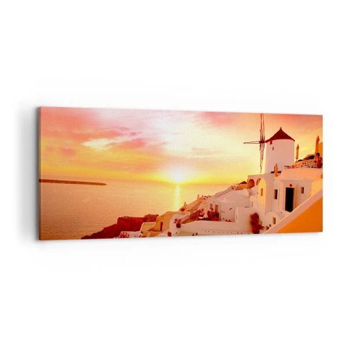 Bild auf Leinwand - Leinwandbild - Santorini bei Sonnenuntergang mit einer Windmühle - 120x50cm - In Weiß und Gold schmelzen - Moderne Wanddekoration für Wohnzimmer und Schlafzimmer ARTTOR