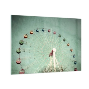 Glasbild - Bild auf glas - Ein buntes Riesenrad vor einem pastellgrünen Hintergrund - 70x50cm - Wir laden zum Spiel ein - Moderne Wanddekoration für Wohnzimmer und Schlafzimmer ARTTOR