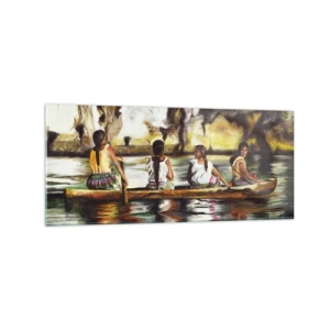 Glasbild - Bild auf glas - Frauen in einem Boot auf einem ruhigen Fluss mit malerischer Kulisse - 120x50cm - In einem polynesischen Paradies - Moderne Wanddekoration für Wohnzimmer und Schlafzimmer ARTTOR