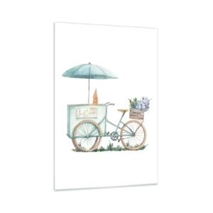 Glasbild - Bild auf glas - Ein Fahrrad mit Eis und Blumen unter einem Regenschirm in zarten Pastellfarben - 70x100cm - Süße Erinnerung an den Sommer - Moderne Wanddekoration für Wohnzimmer und Schlafzimmer ARTTOR