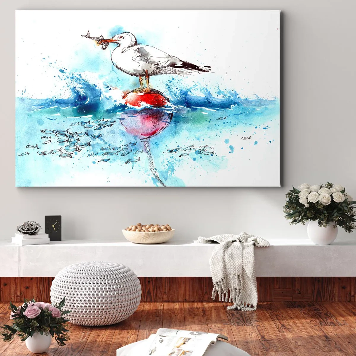 Bild auf Leinwand - Leinwandbild - Möwe auf einer Boje mit Fischen im Hintergrund im Aquarellstil - 120x80cm - Erfolgreicher Fang - Moderne Wanddekoration für Wohnzimmer und Schlafzimmer ARTTOR