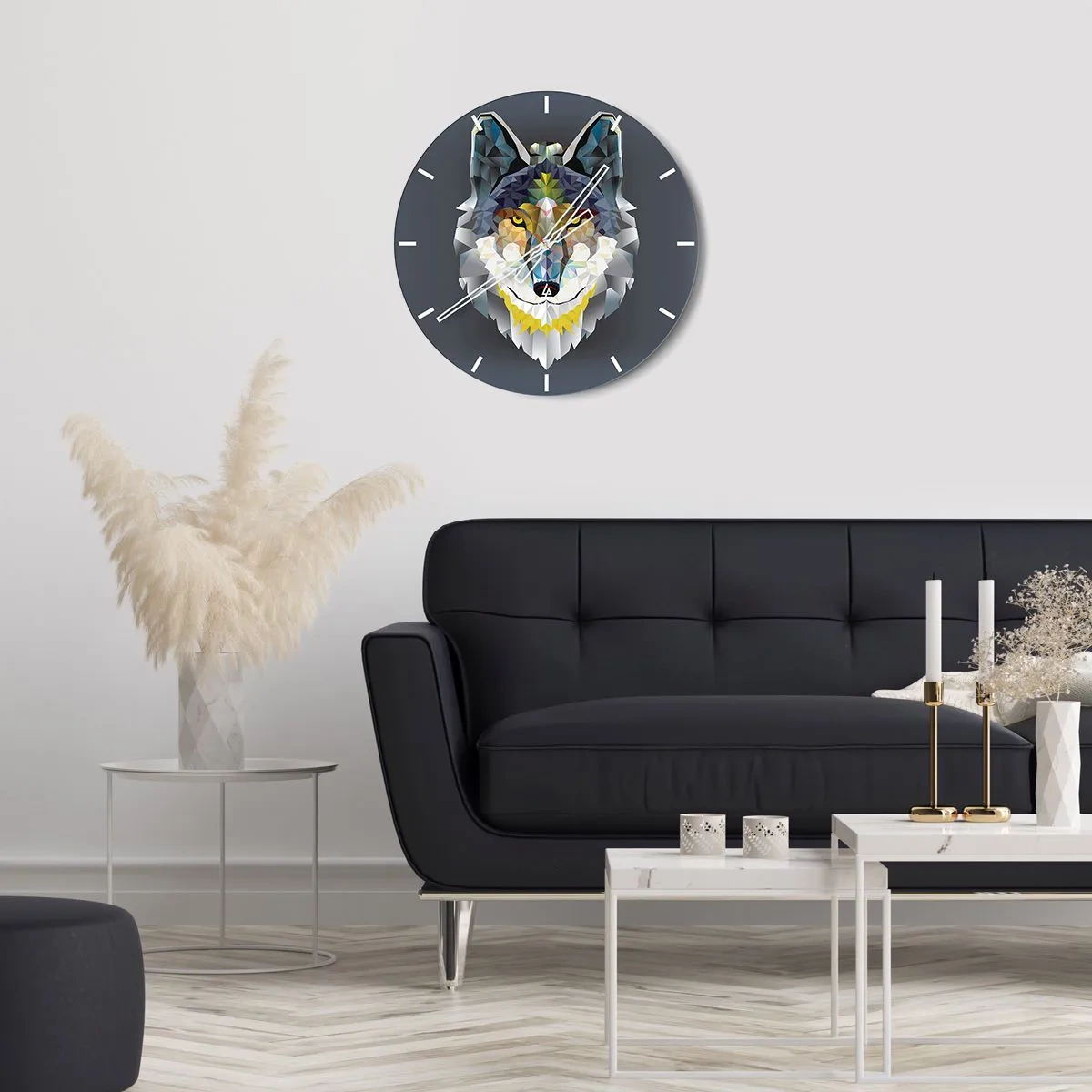 Wanduhr - Glasuhr - Geometrisches Bild eines Wolfes auf dunklem Hintergrund - 30x30cm - Vom Teufel sprechen - Moderne Wanddekoration für Wohnzimmer, Küche und Schlafzimmer ARTTOR