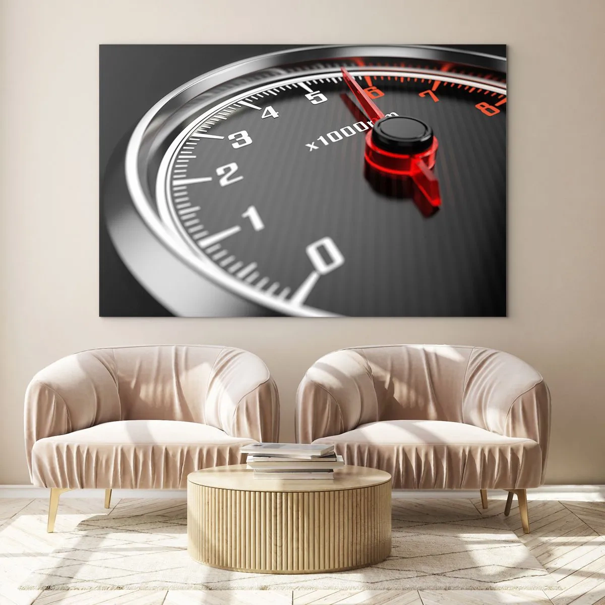 Glasbild - Bild auf glas - Drehzahlmesser in einem Sportwagen mit roter Anzeige - 70x50cm - Vollgas! - Moderne Wanddekoration für Wohnzimmer und Schlafzimmer ARTTOR