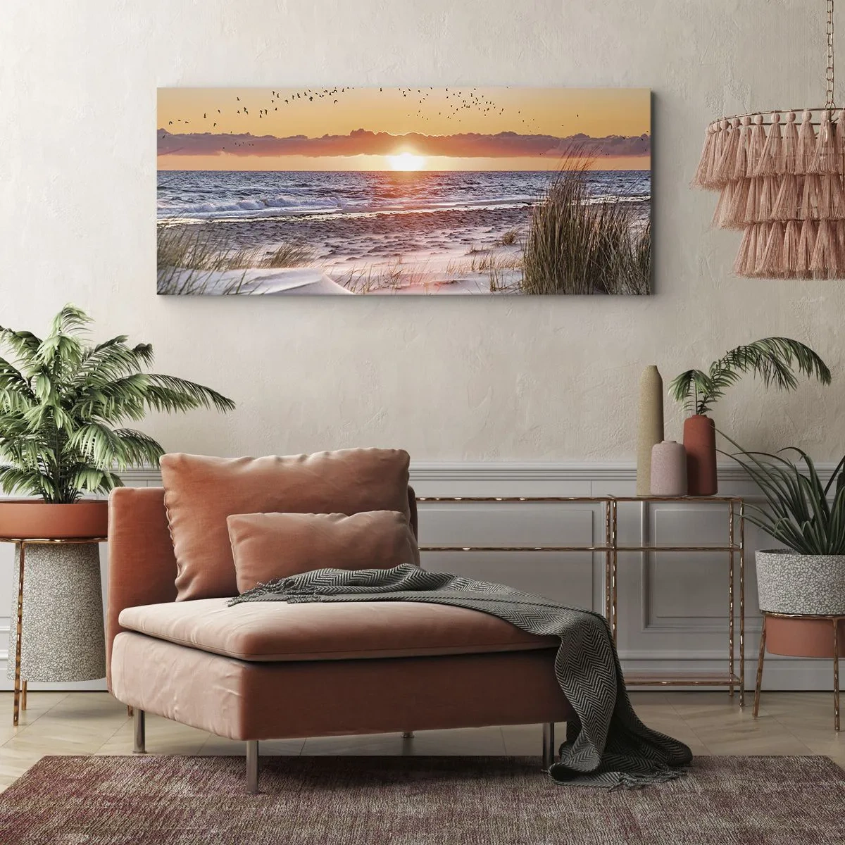 Bild auf Leinwand - Leinwandbild - Sonnenuntergang über dem Meer mit Blick auf die Dünen - 120x50cm - Horizontale Landschaft - Moderne Wanddekoration für Wohnzimmer und Schlafzimmer ARTTOR