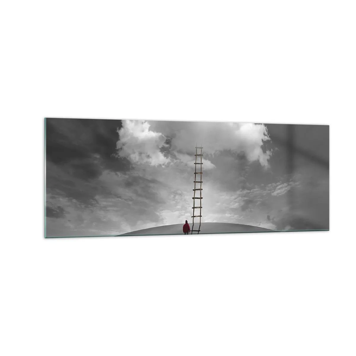 Glasbild - Bild auf glas - Eine Person in einem roten Mantel und eine Leiter, die zu einer Wolke führt - 140x50cm - Alles ist möglich - Moderne Wanddekoration für Wohnzimmer und Schlafzimmer ARTTOR